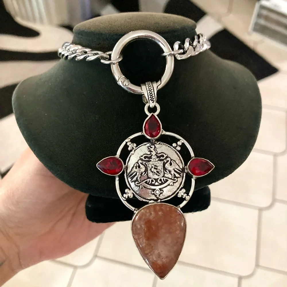 925 Sterling silver overlay orange brown agate & red garnet stones boho necklace - Picture 1 of 15